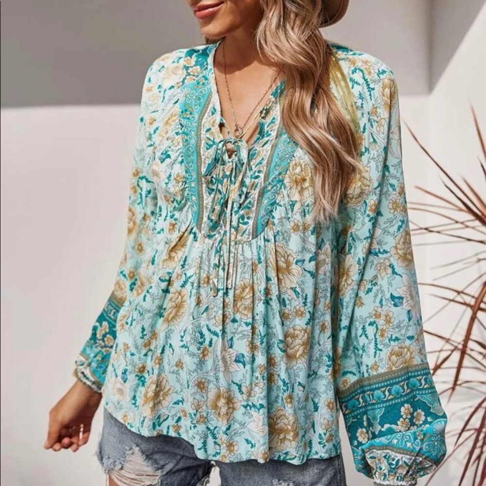 Bohemian pink Gypsy Floral Print Blouse Top - Picture 8 of 10